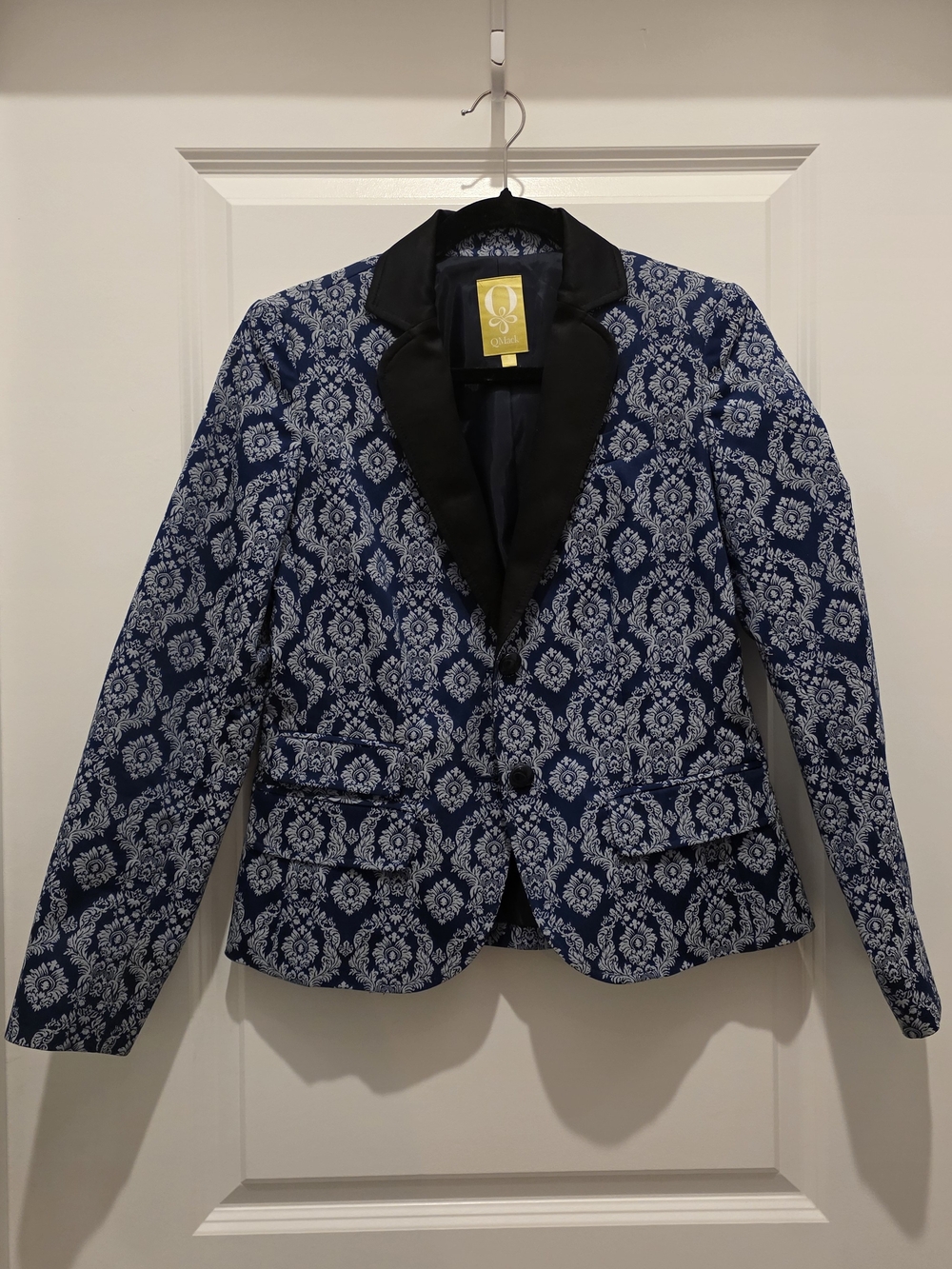 QMack Navy Blue Damask Blazer with Black Satin Lapel